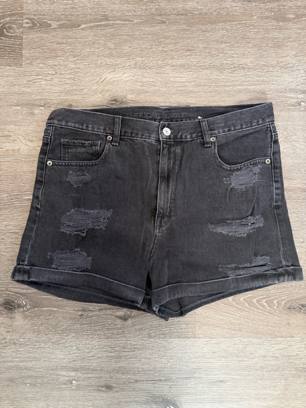 American Eagle Outfitters Washed Black Distressed Jean Mom Shorts
